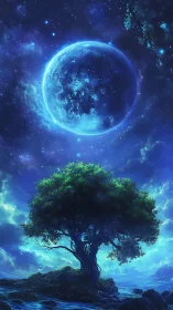 Celestial worldtree under radiant blue cosmic sphere.