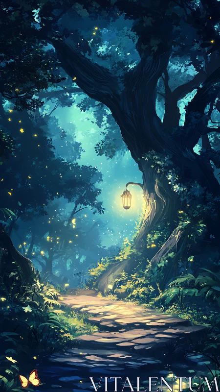 Nocturnal Forest Path with Bioluminescent Canopy and Hanging Lantern
