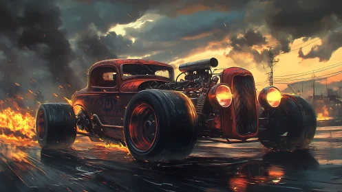 Roaring hot rod racing through a storm lit by city fire.