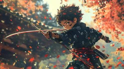 Young swordsman in kimono practicing with katana in autumn garden.
