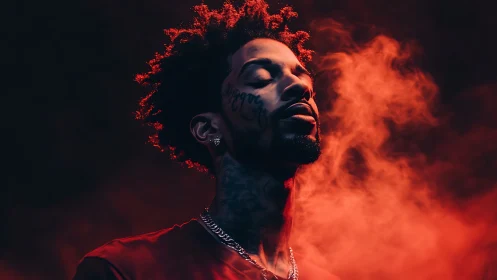 Tattooed man in red smoke with dramatic studio lighting.
