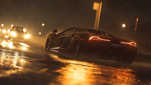 Supercar taillights streak through rain on neon-wet asphalt.