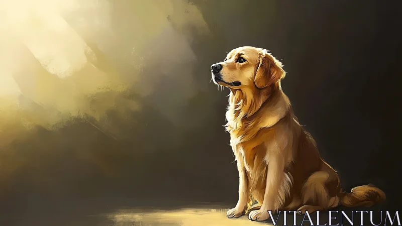 Golden retriever dog sits in warm dramatic studio light