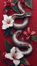 Coiled snake among red lilies and white hibiscus on red field.