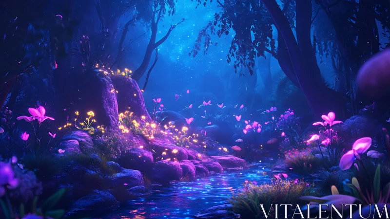 Bioluminescent forest stream with glowing plants at night.