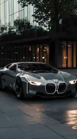 Futuristic BMW concept coupe glides past glass city towers.