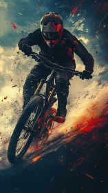 Rider charges through blazing trail in a storm of flying sparks