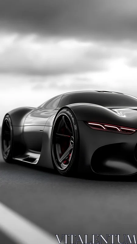 Photorealistic low-angle profile of futuristic black supercar.
