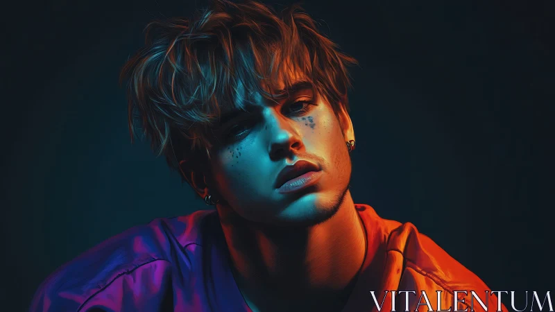 Moody digital portrait of young man in neon lighting.