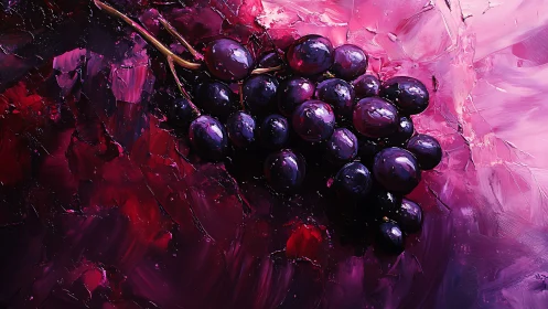Oil painting still life of grapes with impasto chromatic field.