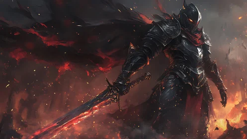 Armored dark knight with flaming sword in burning wasteland.