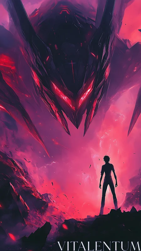 Silhouetted figure confronting colossal neon mech dragon.