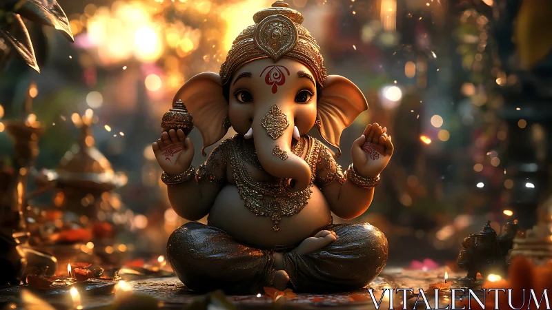 Baby Ganesha idol glows in warm bokeh temple light.