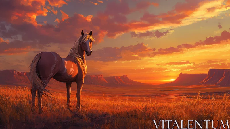 Golden hour mustang dreaming across glowing canyon plains.