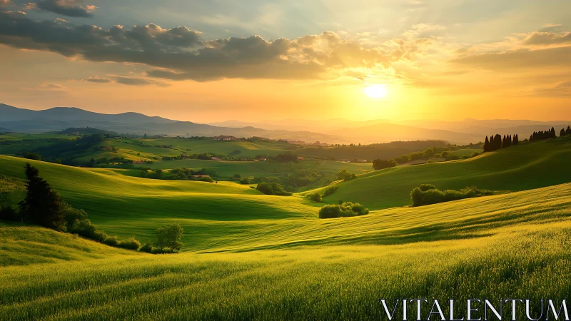 Sunlit rolling hills glow under warm golden horizon sky.