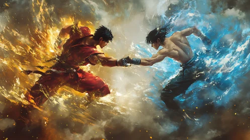 Fire and water martial artists locked in focused clash.