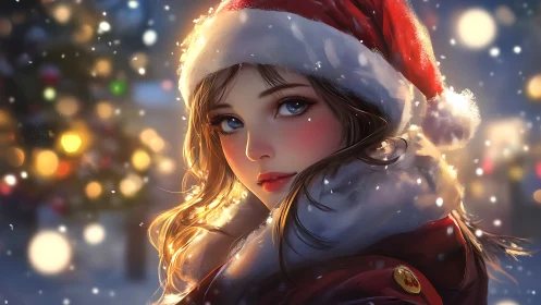 Winter portrait of girl in red Santa hat at night.