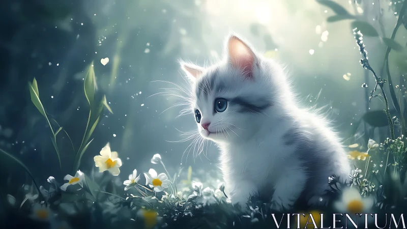 Luminous White Kitten Among Spring Flowers in Magical Garden Light