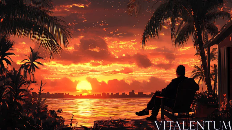 Solitary figure observes tropical bay skyline at incendiary sunset