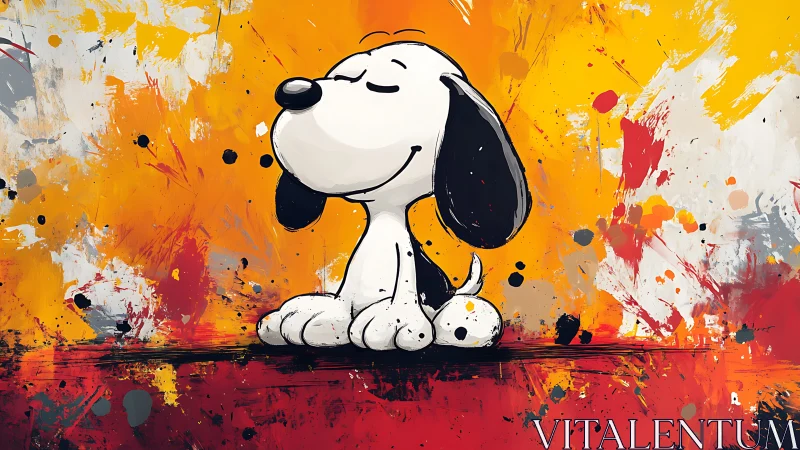 Joyful cartoon beagle meditating in a blazing paintstorm.