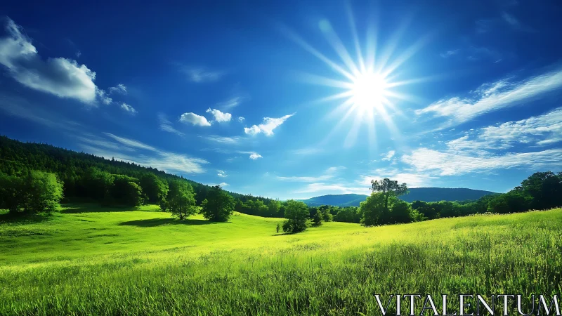 Radiant summer sun bathes rolling green hills in light