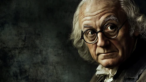 Portrait depicts older man with glasses against dark backdrop