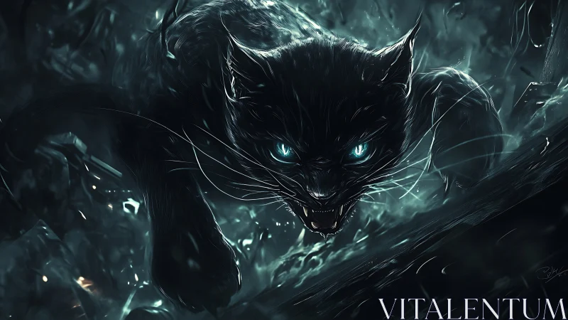 Midnight panther pounces with electric glacier eyes.