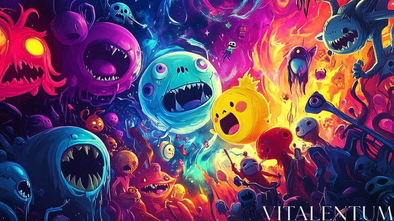 Digital painting of cosmic monster swarm in neon color fields.