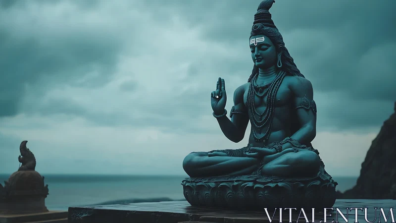 Monumental Shiva sculpture meditates against stormy coastal sky