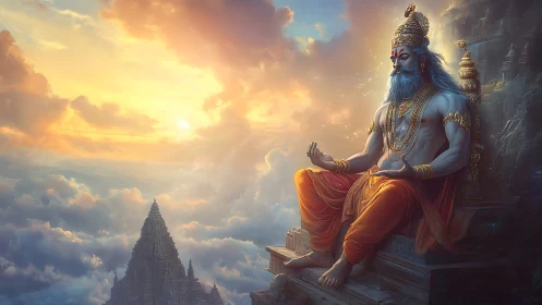 Celestial yogic sage in cloud top mandala architecture panorama.