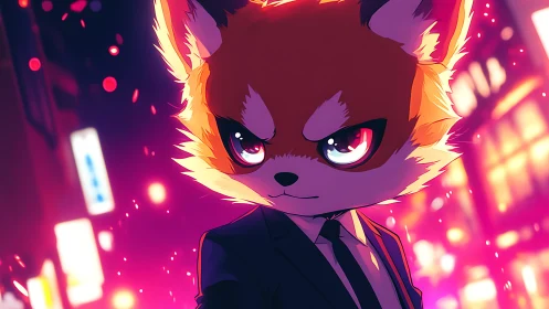Determined red panda in suit against neon city lights.
