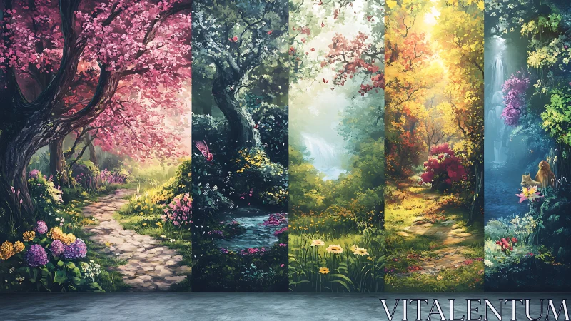 Whispering Forest Seasons Unfold Across Painted Portals.