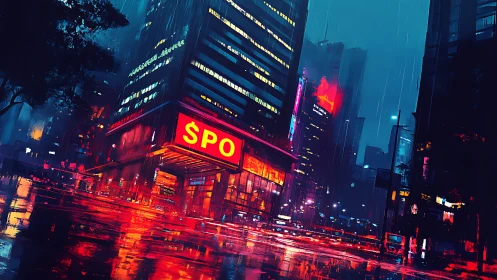 Nighttime city street scene shows neon-lit buildings in rain