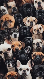 High-density pug and bulldog portrait matrix with uniform gaze.