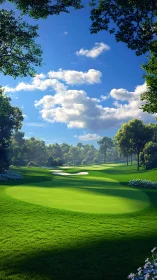 Sunlit championship golf fairway with deep shadows and clouds