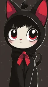 Soft-eyed child in a black cat suit shares a shy gaze