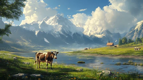 Gentle cow enjoys a peaceful riverside meadow beneath mountains