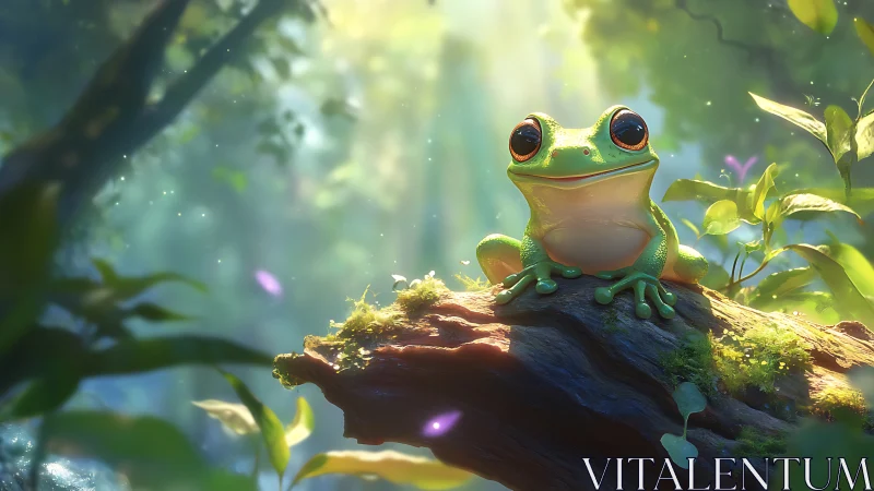 Smiling tree frog rests on a sunlit forest log.