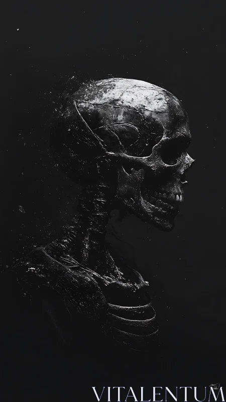 Fragmenting skeletal profile rendered in monochrome space.