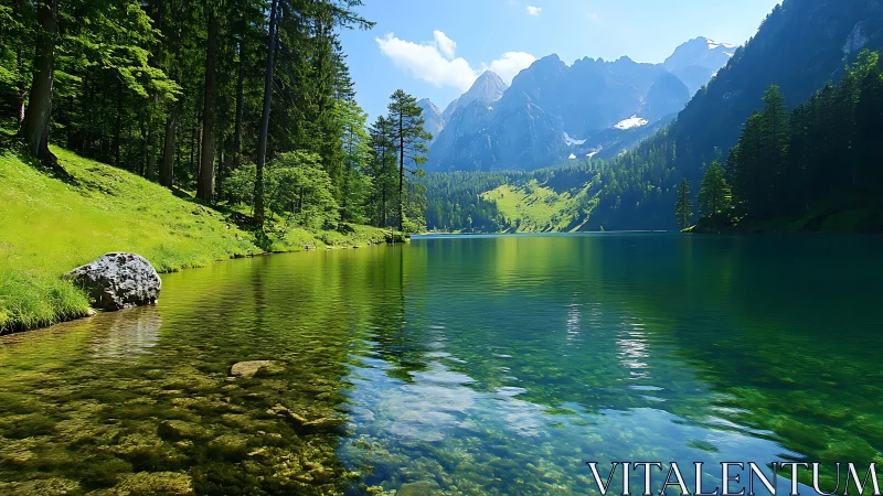 Alpine lake with conifer forest and distant peaks under clear sky
