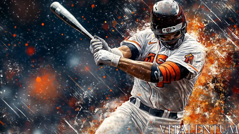 Power hitter mid-swing in dynamic digital explosion field.