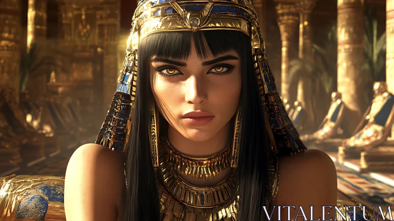 Regal Egyptian woman in gold headdress and palace setting.