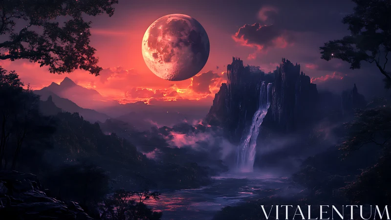 Fantasy landscape with blood moon and cascading falls at dusk.