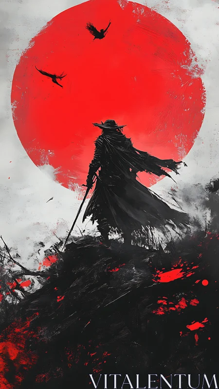 Lone samurai silhouette before massive red sun.
