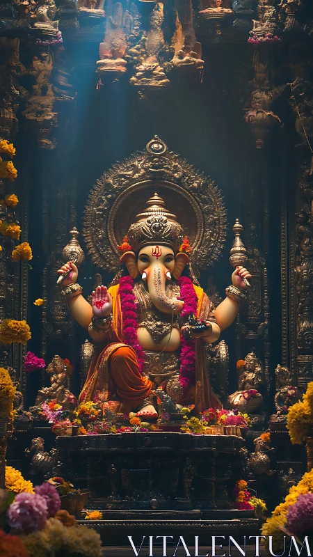 Ganesha idol sits centrally within ornate temple shrine