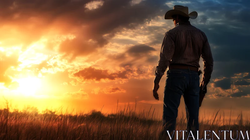 Cowboy silhouette standing in tall grass at vivid sunset.