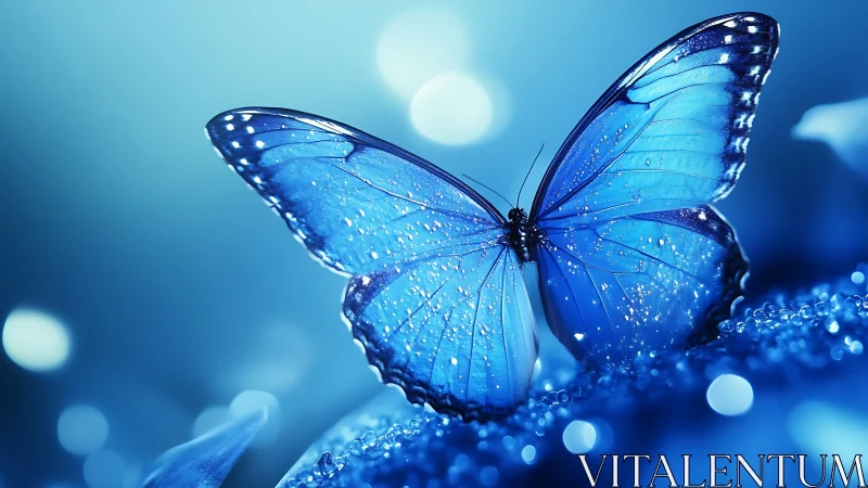 Blue butterfly on dewy surface in soft bokeh lighting.