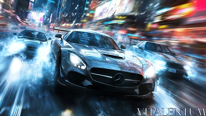 Street racing supercar cuts neon city rain at full speed.