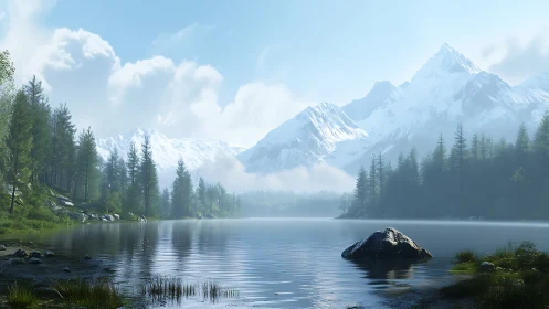 Snowy mountains and calm forest lake welcome quiet daydreams