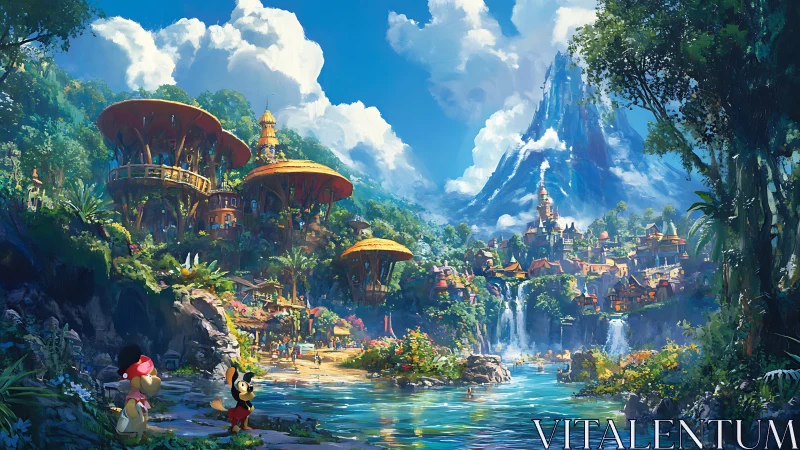 Lush fantasy river valley hosts tiered village and waterfalls